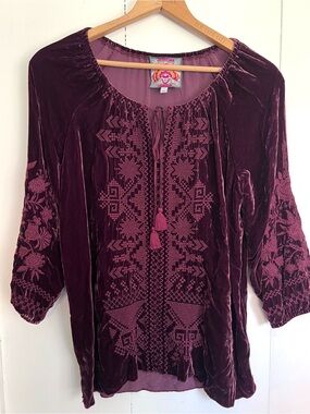 Johnny Was Daniella Burgundy Red Velvet Embroidered Peasant Blouse Top - Small